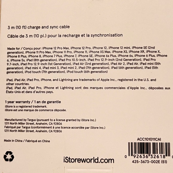 iStore Lightning Charge Cable 10 Feet / 3 Meter White Charge and Sync Cable - Picture 4 of 6